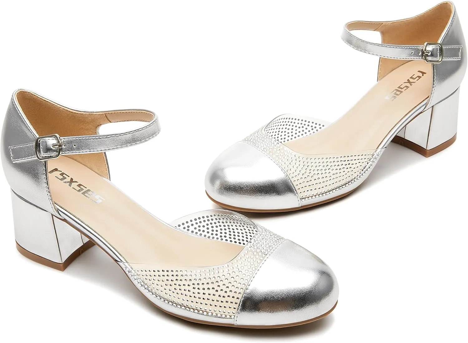 rsxses Closed Toe Low Heels for Women 2 Inch Chunky Heel Pumps Ankle Strap Patent Leather Rhinestone Wedding Dress Shoes