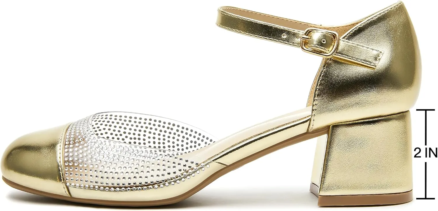 rsxses Closed Toe Low Heels for Women 2 Inch Chunky Heel Pumps Ankle Strap Patent Leather Rhinestone Wedding Dress Shoes