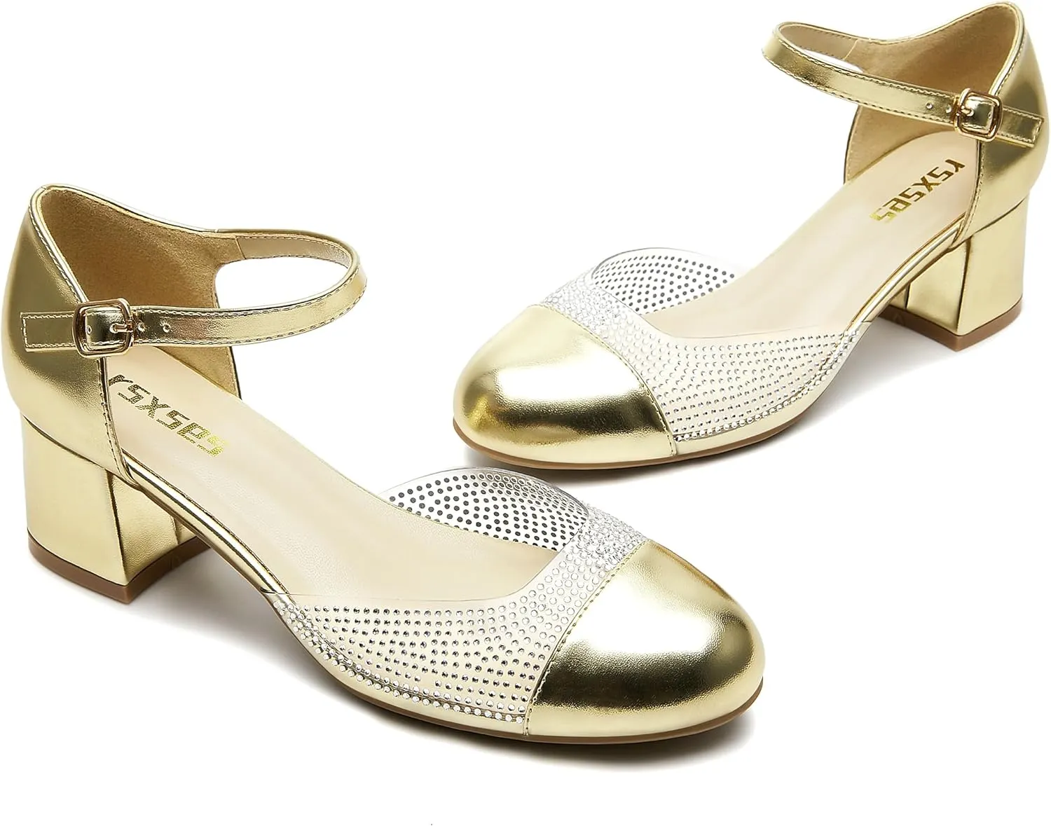 rsxses Closed Toe Low Heels for Women 2 Inch Chunky Heel Pumps Ankle Strap Patent Leather Rhinestone Wedding Dress Shoes