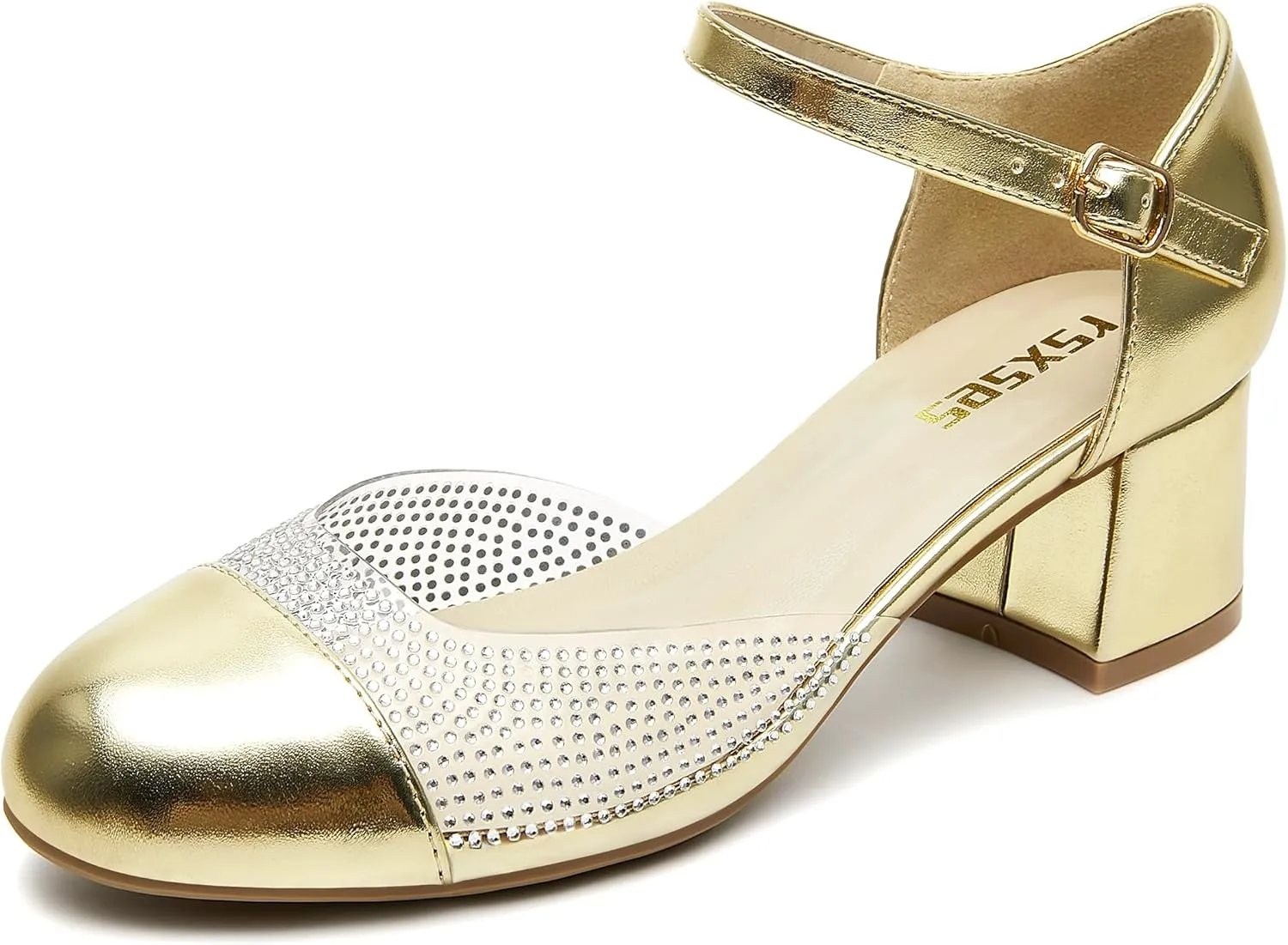 rsxses Closed Toe Low Heels for Women 2 Inch Chunky Heel Pumps Ankle Strap Patent Leather Rhinestone Wedding Dress Shoes