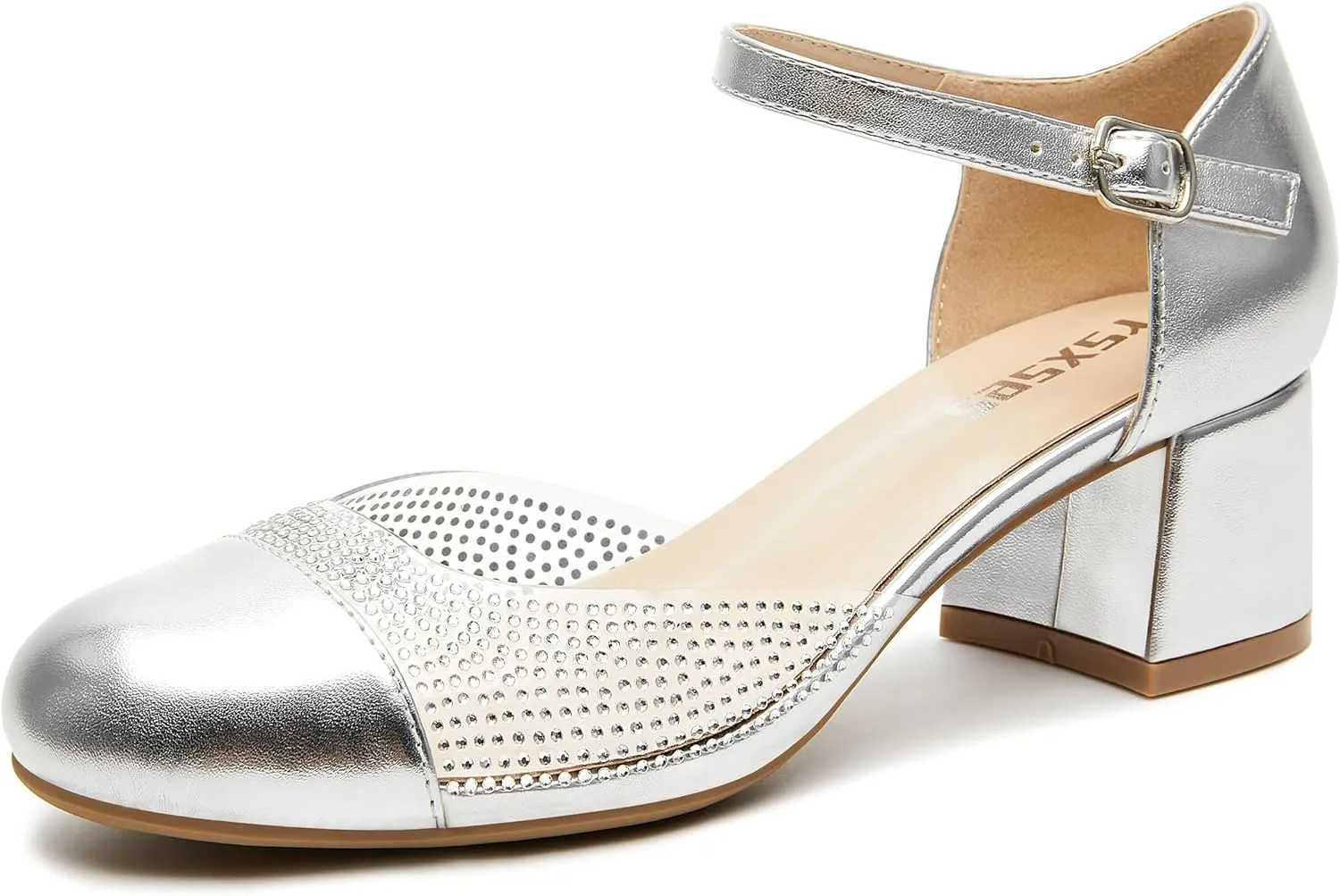 rsxses Closed Toe Low Heels for Women 2 Inch Chunky Heel Pumps Ankle Strap Patent Leather Rhinestone Wedding Dress Shoes