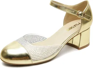 rsxses Closed Toe Low Heels for Women 2 Inch Chunky Heel Pumps Ankle Strap Patent Leather Rhinestone Wedding Dress Shoes