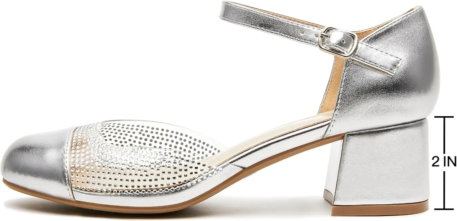 rsxses Closed Toe Low Heels for Women 2 Inch Chunky Heel Pumps Ankle Strap Patent Leather Rhinestone Wedding Dress Shoes