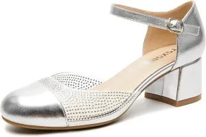 rsxses Closed Toe Low Heels for Women 2 Inch Chunky Heel Pumps Ankle Strap Patent Leather Rhinestone Wedding Dress Shoes