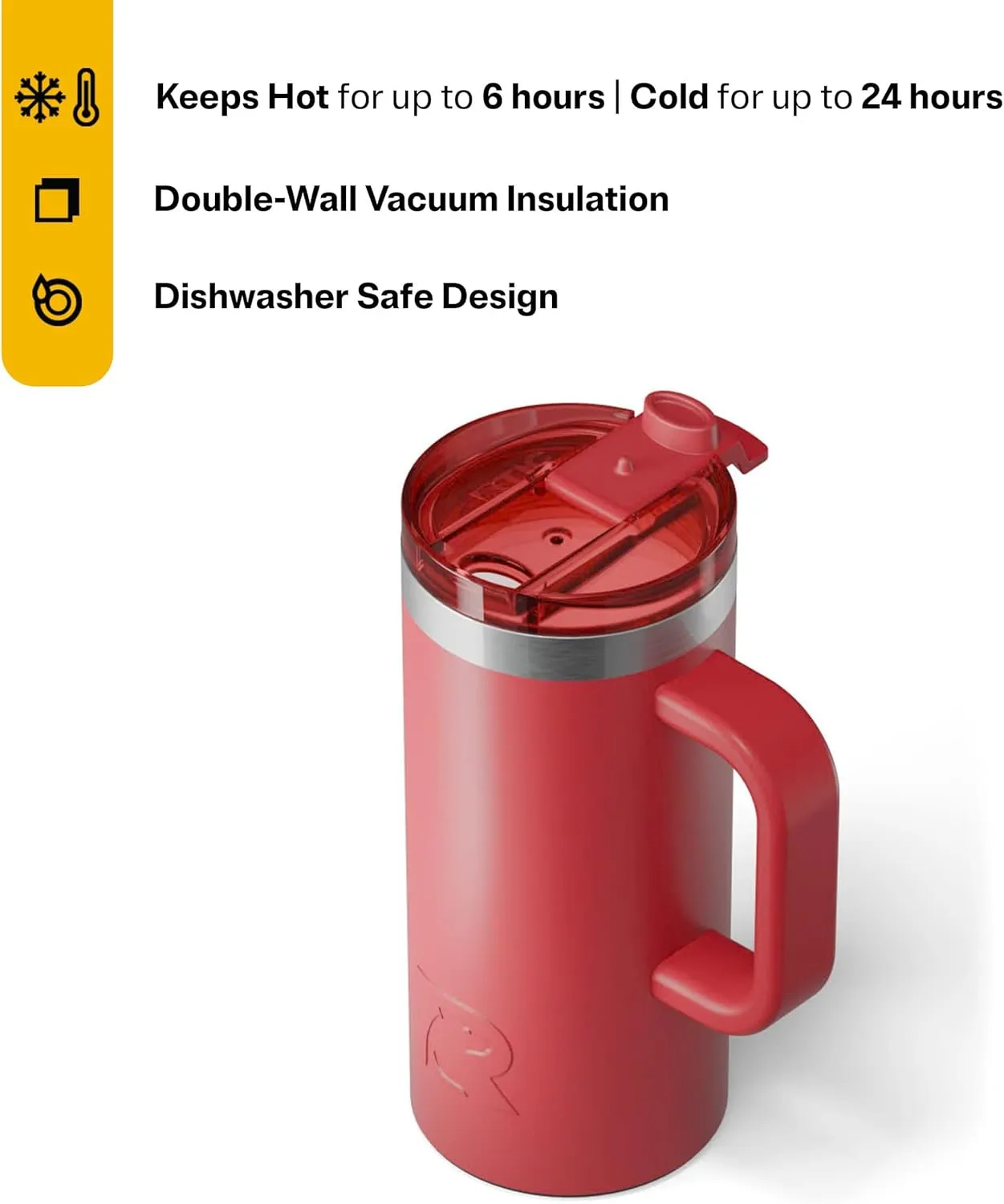 RTIC 16oz Road Trip Travel Mug with Lid and Handle, Insulated, Stainless Steel, Metal, Double Wall Vacuum-Insulation, Ceramic Lined, Portable Coffee, Tea Cup for Hot and Cold Drink, Flag Red