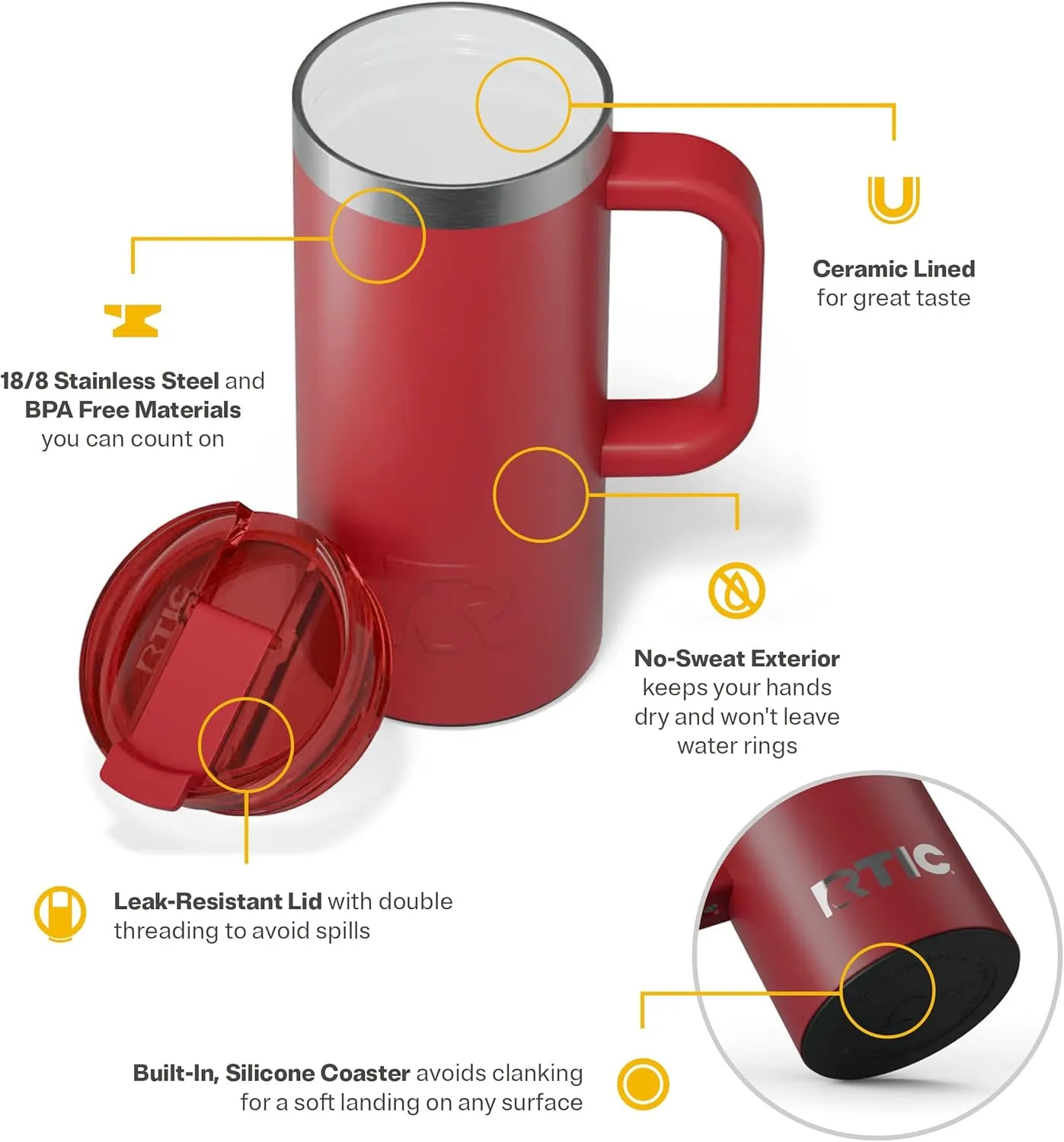 RTIC 16oz Road Trip Travel Mug with Lid and Handle, Insulated, Stainless Steel, Metal, Double Wall Vacuum-Insulation, Ceramic Lined, Portable Coffee, Tea Cup for Hot and Cold Drink, Flag Red