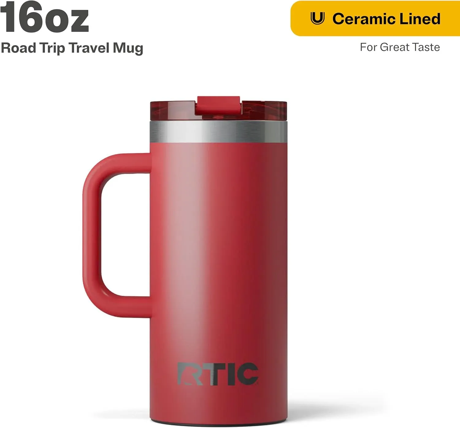 RTIC 16oz Road Trip Travel Mug with Lid and Handle, Insulated, Stainless Steel, Metal, Double Wall Vacuum-Insulation, Ceramic Lined, Portable Coffee, Tea Cup for Hot and Cold Drink, Flag Red