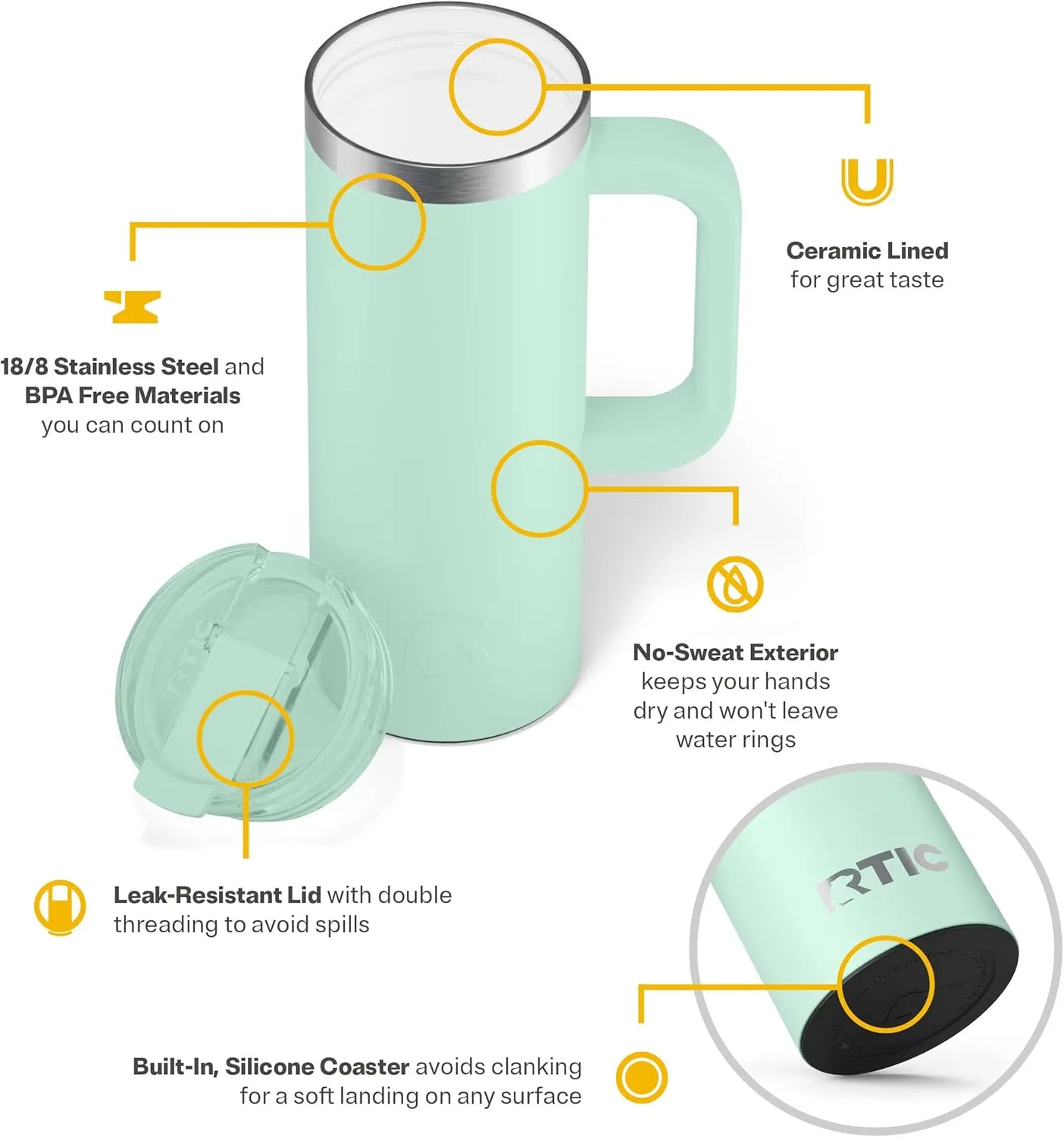 RTIC 20oz Road Trip Travel Mug with Lid and Handle, Insulated, Stainless Steel, Metal, Double Wall Vacuum-Insulation, Ceramic Lined, Portable Coffee, Tea Cup for Hot and Cold Drink, Fresh Mint