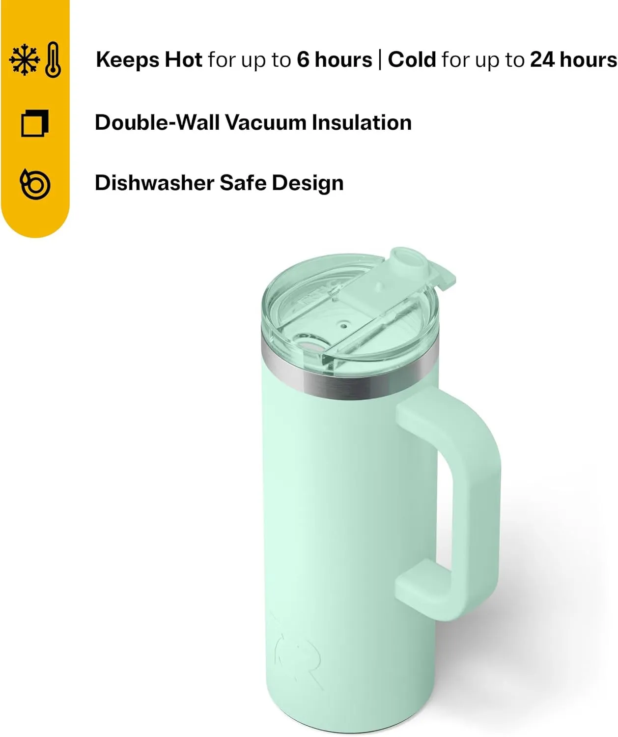 RTIC 20oz Road Trip Travel Mug with Lid and Handle, Insulated, Stainless Steel, Metal, Double Wall Vacuum-Insulation, Ceramic Lined, Portable Coffee, Tea Cup for Hot and Cold Drink, Fresh Mint