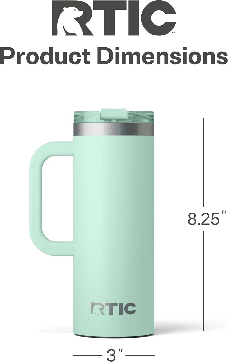 RTIC 20oz Road Trip Travel Mug with Lid and Handle, Insulated, Stainless Steel, Metal, Double Wall Vacuum-Insulation, Ceramic Lined, Portable Coffee, Tea Cup for Hot and Cold Drink, Fresh Mint