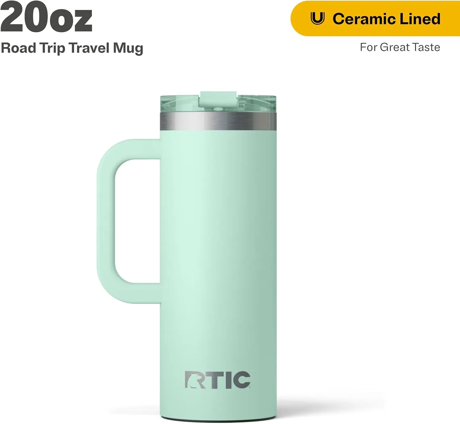 RTIC 20oz Road Trip Travel Mug with Lid and Handle, Insulated, Stainless Steel, Metal, Double Wall Vacuum-Insulation, Ceramic Lined, Portable Coffee, Tea Cup for Hot and Cold Drink, Fresh Mint