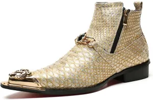 Rui Landed High Top Genuine Leather Faux Snakeskin Print Metal Tip Flat Mens Ankle Boots with Dual Zipper (Color : Beige, Size : 7.5 M US)