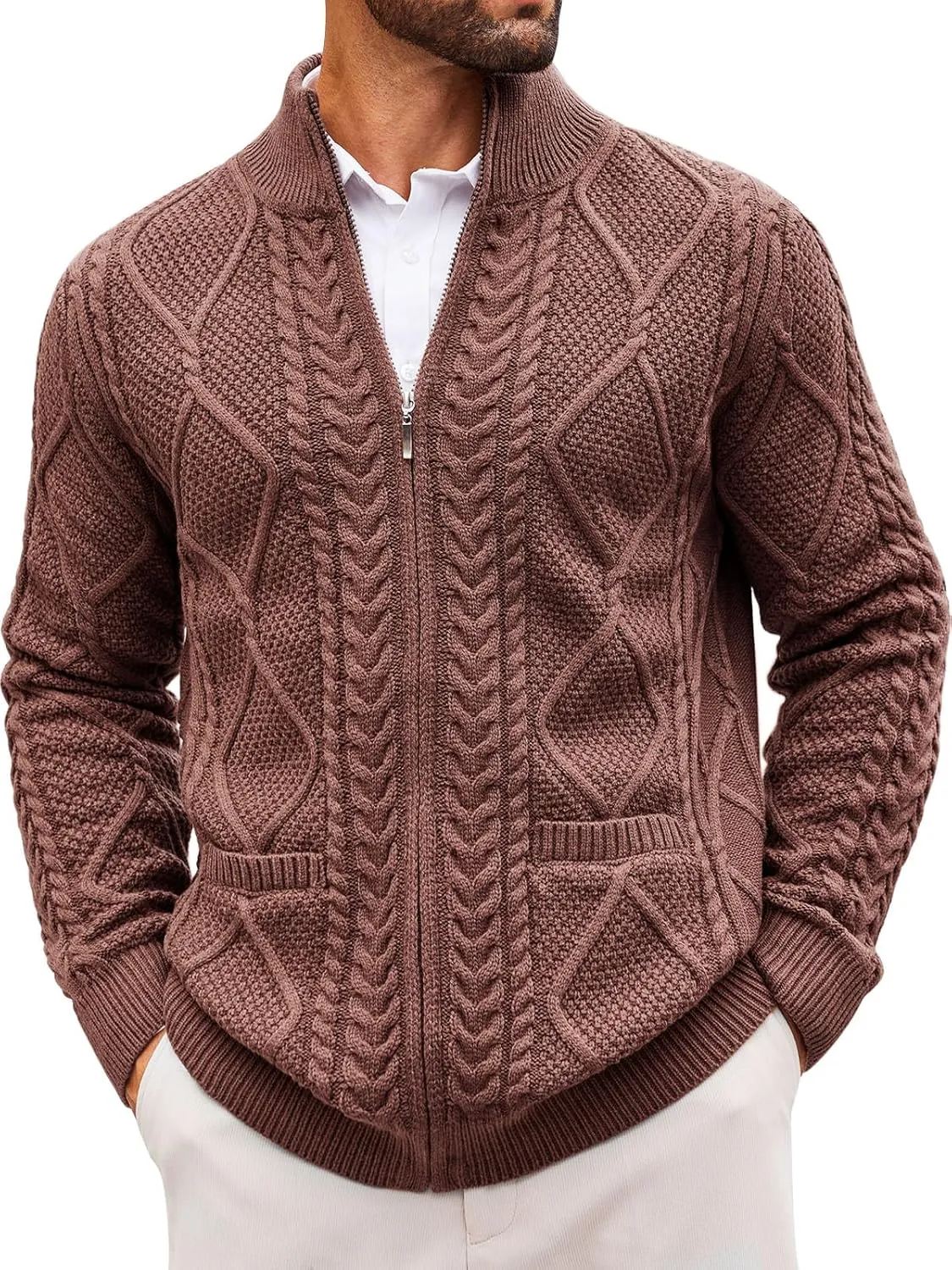 Runcati Mens Full Zip Cardigan Sweater Casual Cable Knitted Mock Neck Ribbed Winter Sweaters