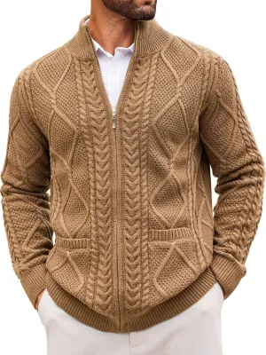 Runcati Mens Full Zip Cardigan Sweater Casual Cable Knitted Mock Neck Ribbed Winter Sweaters