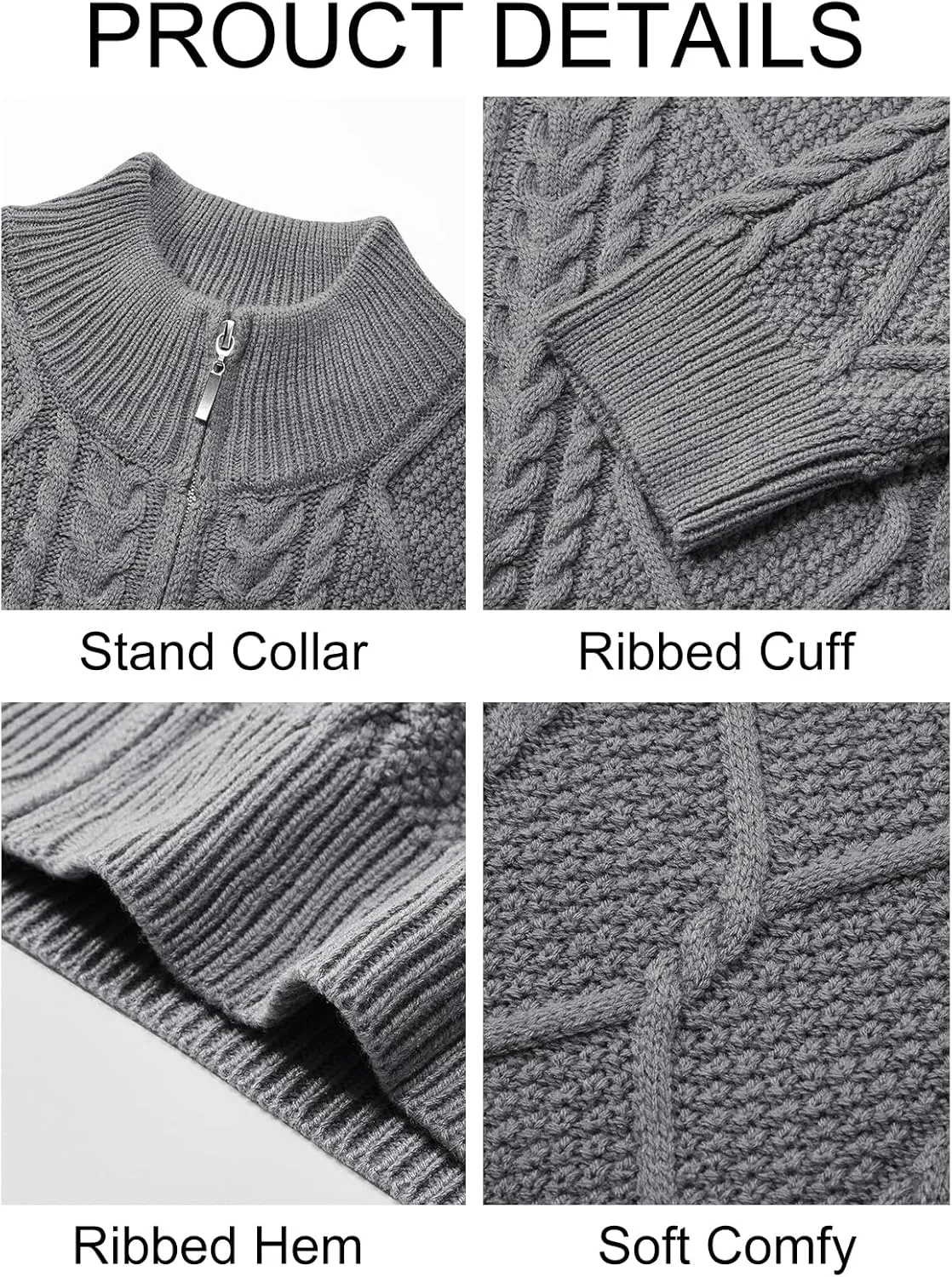 Runcati Mens Full Zip Cardigan Sweater Casual Cable Knitted Mock Neck Ribbed Winter Sweaters