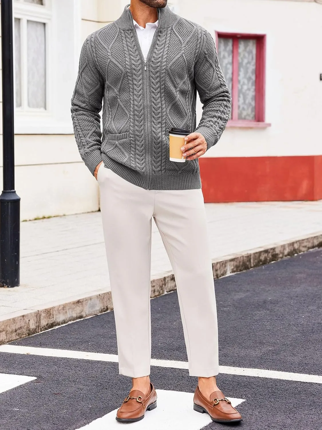 Runcati Mens Full Zip Cardigan Sweater Casual Cable Knitted Mock Neck Ribbed Winter Sweaters