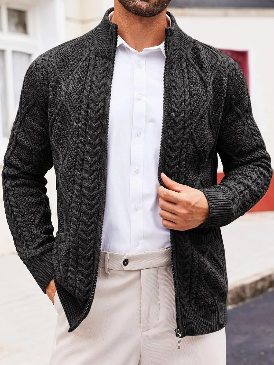 Runcati Mens Full Zip Cardigan Sweater Casual Cable Knitted Mock Neck Ribbed Winter Sweaters