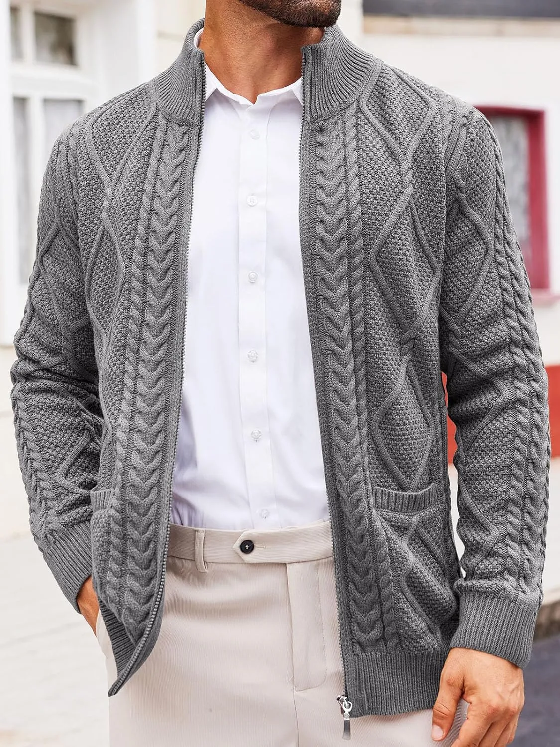 Runcati Mens Full Zip Cardigan Sweater Casual Cable Knitted Mock Neck Ribbed Winter Sweaters
