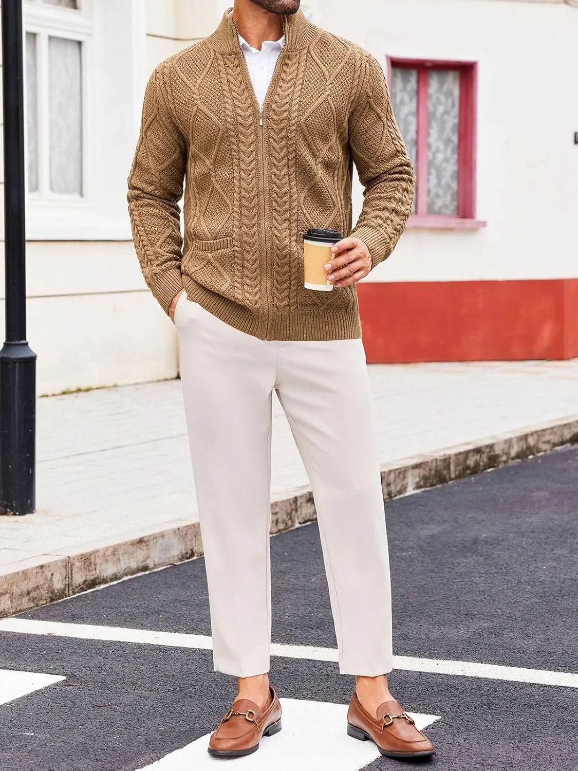 Runcati Mens Full Zip Cardigan Sweater Casual Cable Knitted Mock Neck Ribbed Winter Sweaters