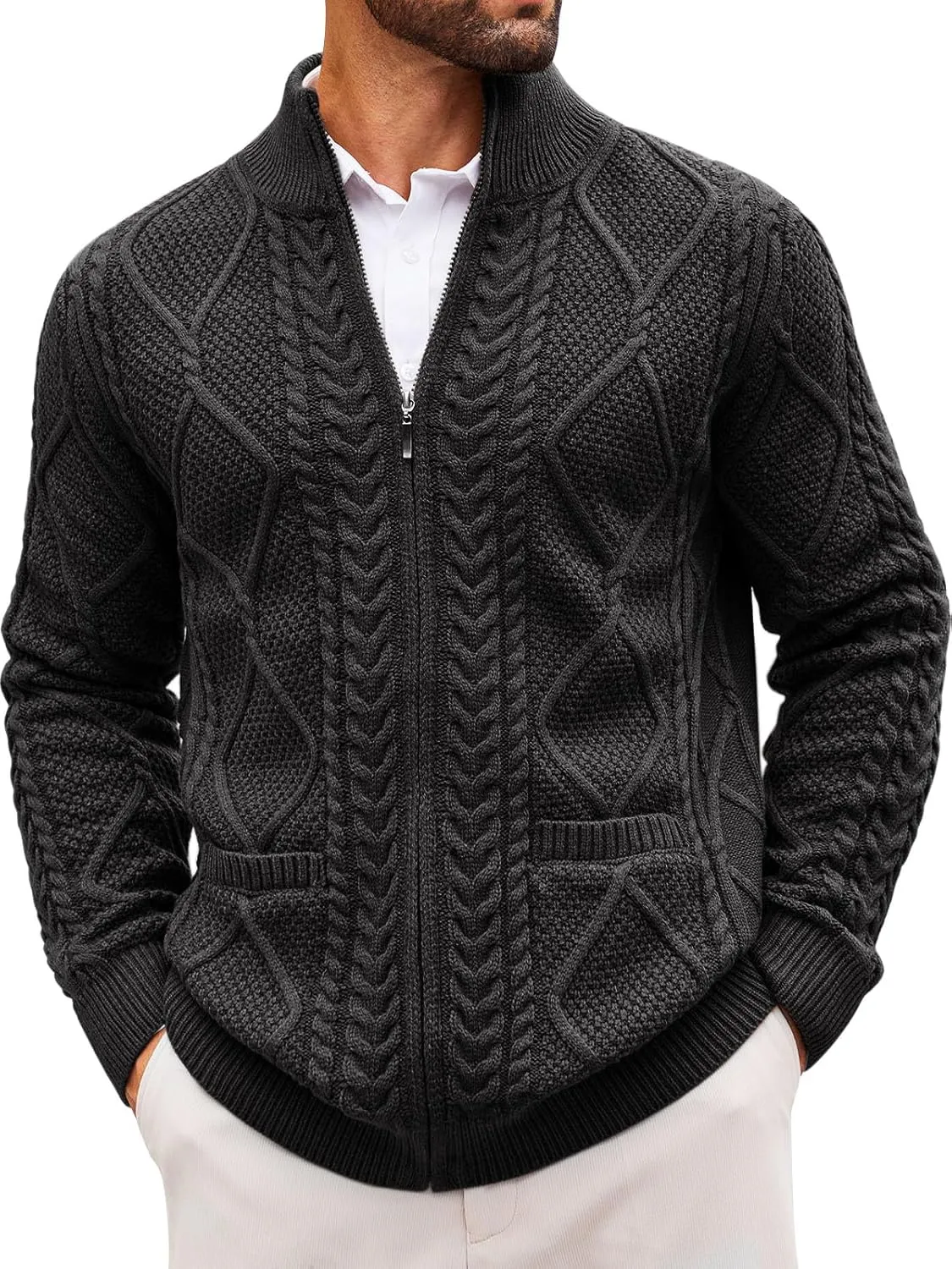 Runcati Mens Full Zip Cardigan Sweater Casual Cable Knitted Mock Neck Ribbed Winter Sweaters