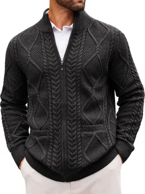Runcati Mens Full Zip Cardigan Sweater Casual Cable Knitted Mock Neck Ribbed Winter Sweaters