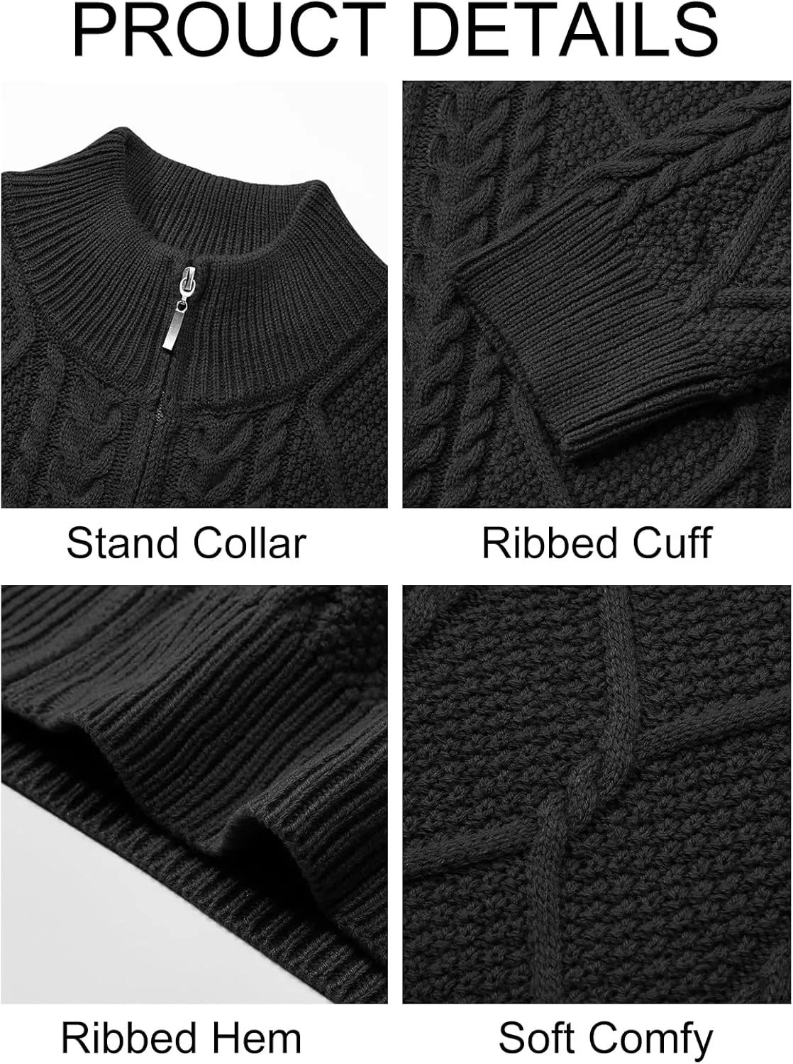 Runcati Mens Full Zip Cardigan Sweater Casual Cable Knitted Mock Neck Ribbed Winter Sweaters