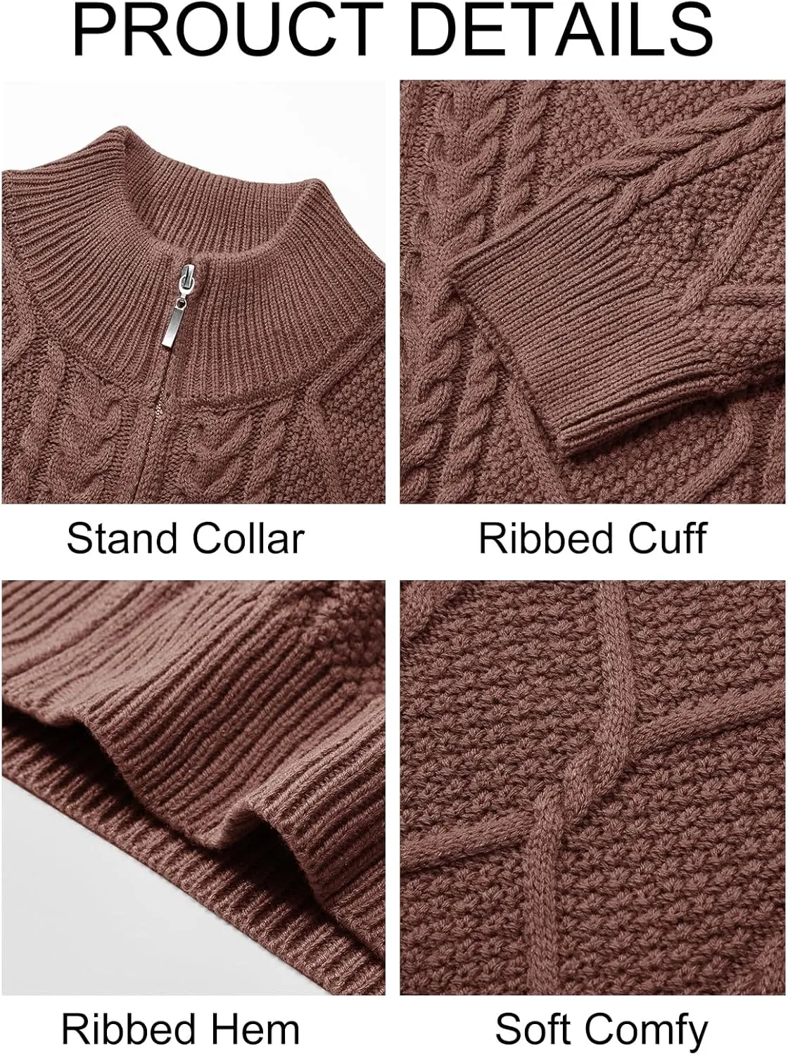 Runcati Mens Full Zip Cardigan Sweater Casual Cable Knitted Mock Neck Ribbed Winter Sweaters