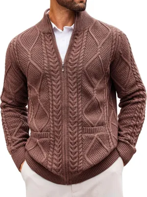 Runcati Mens Full Zip Cardigan Sweater Casual Cable Knitted Mock Neck Ribbed Winter Sweaters