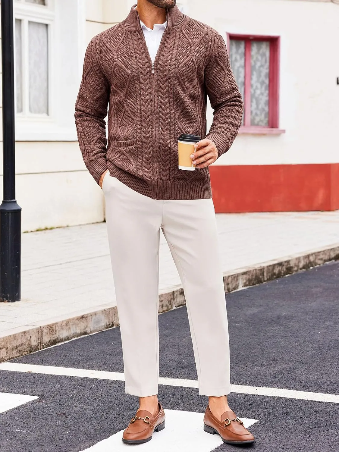 Runcati Mens Full Zip Cardigan Sweater Casual Cable Knitted Mock Neck Ribbed Winter Sweaters