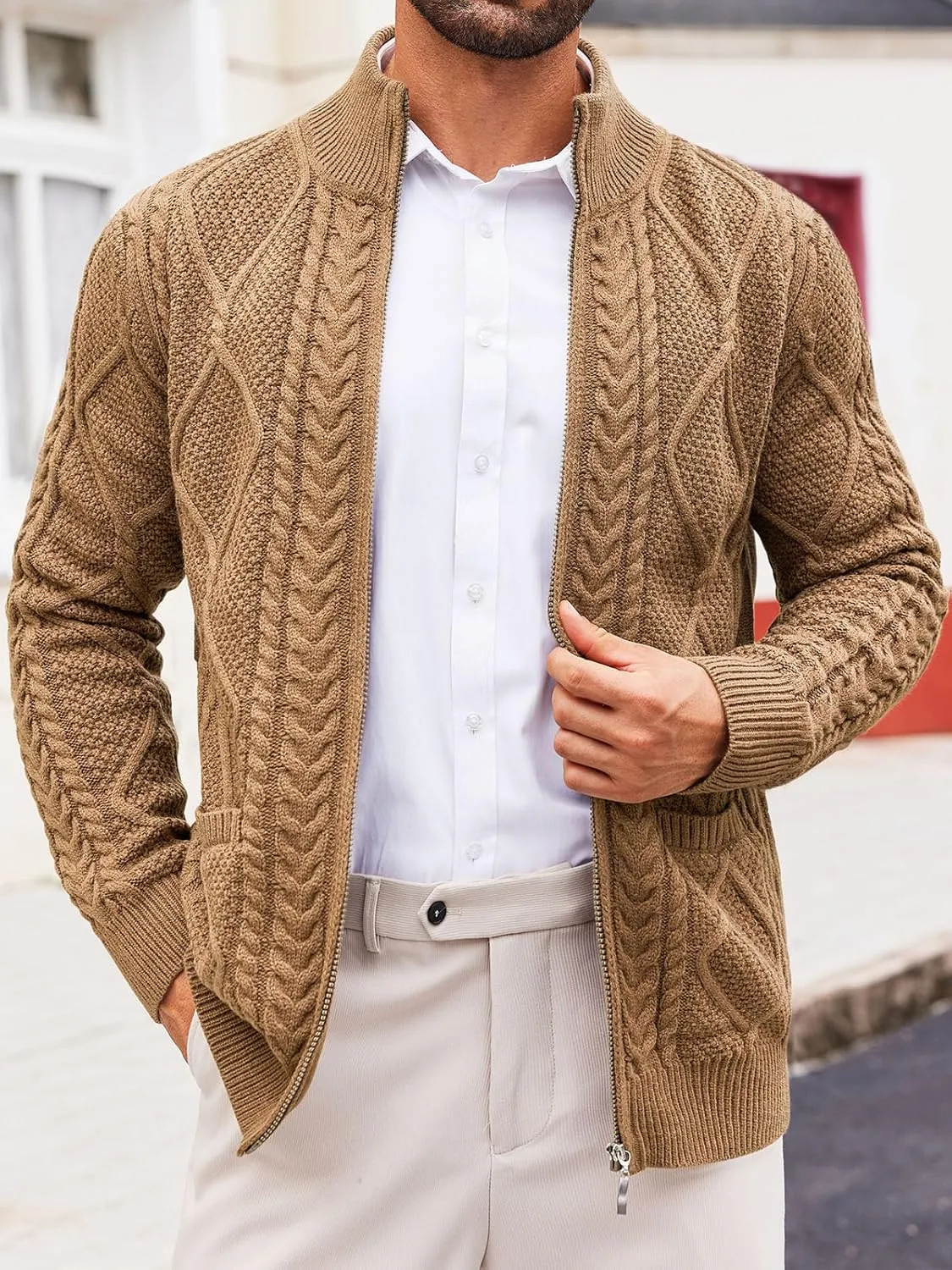 Runcati Mens Full Zip Cardigan Sweater Casual Cable Knitted Mock Neck Ribbed Winter Sweaters