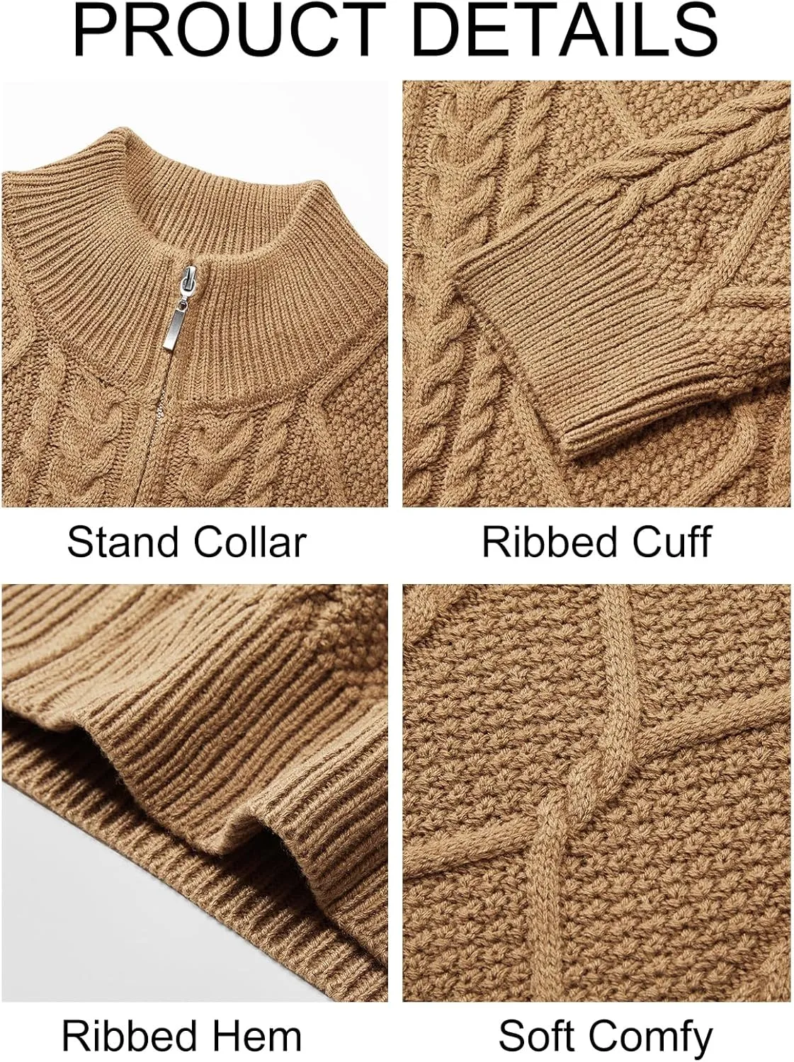 Runcati Mens Full Zip Cardigan Sweater Casual Cable Knitted Mock Neck Ribbed Winter Sweaters
