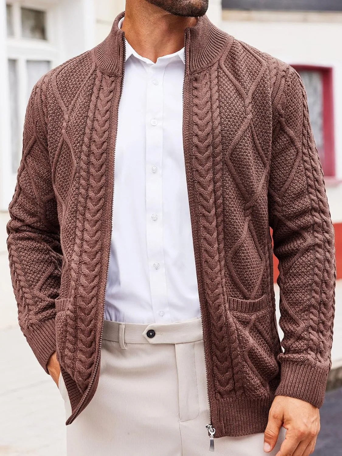 Runcati Mens Full Zip Cardigan Sweater Casual Cable Knitted Mock Neck Ribbed Winter Sweaters