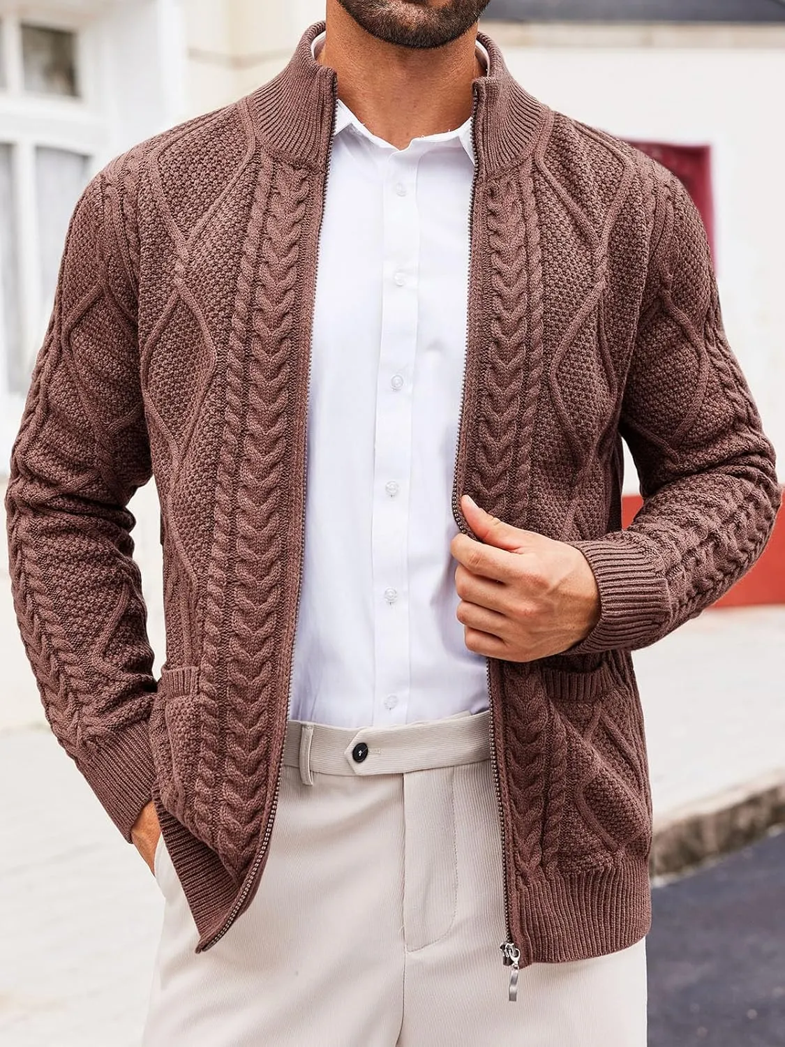 Runcati Mens Full Zip Cardigan Sweater Casual Cable Knitted Mock Neck Ribbed Winter Sweaters