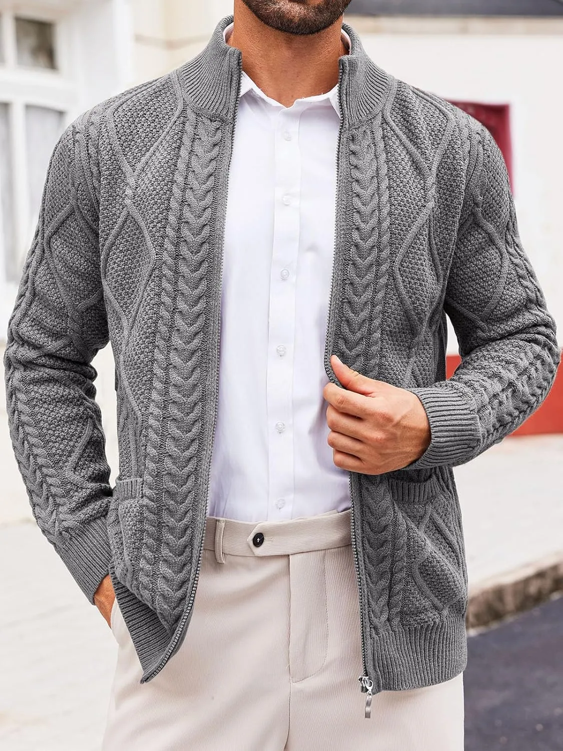 Runcati Mens Full Zip Cardigan Sweater Casual Cable Knitted Mock Neck Ribbed Winter Sweaters