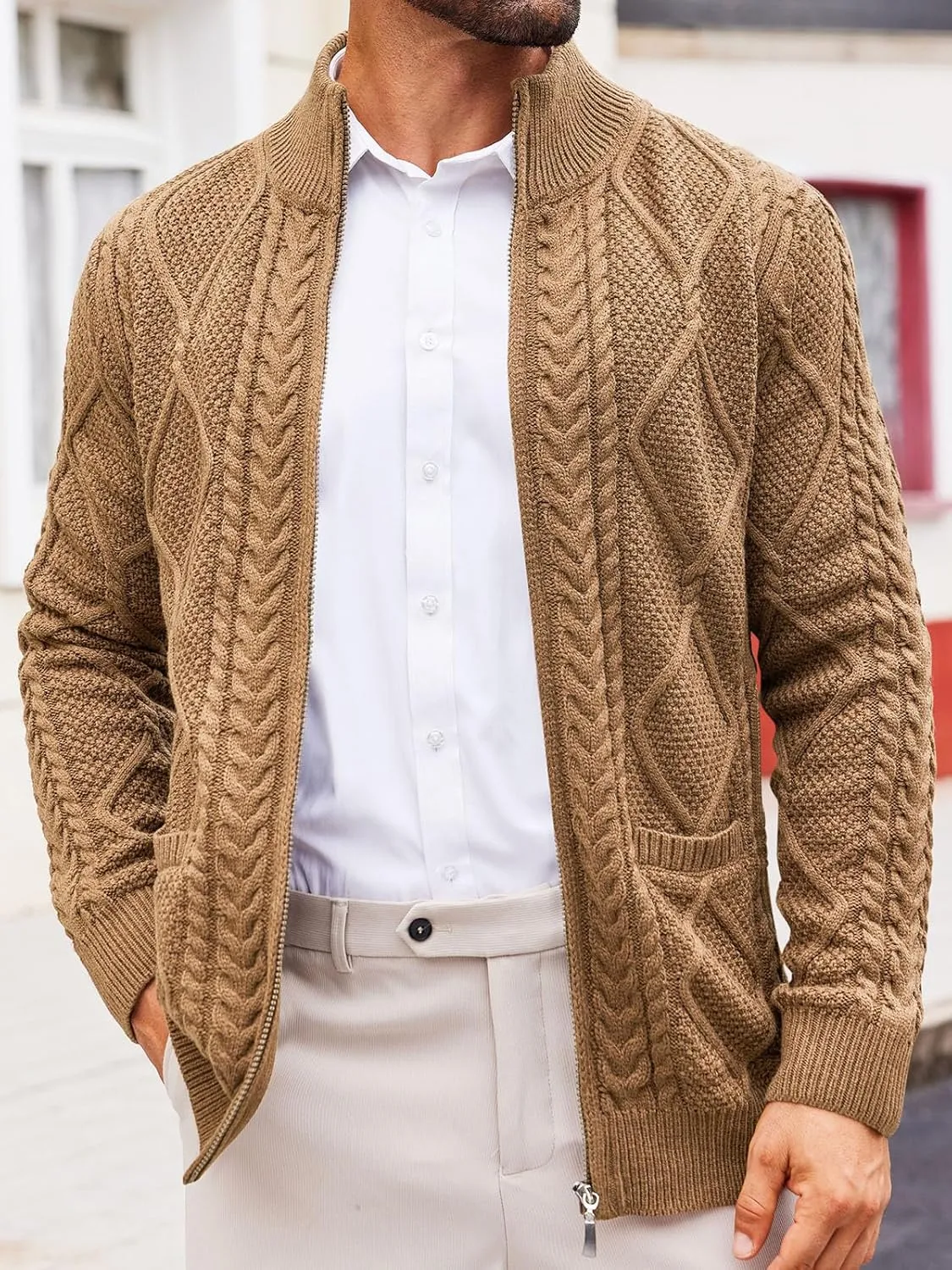 Runcati Mens Full Zip Cardigan Sweater Casual Cable Knitted Mock Neck Ribbed Winter Sweaters