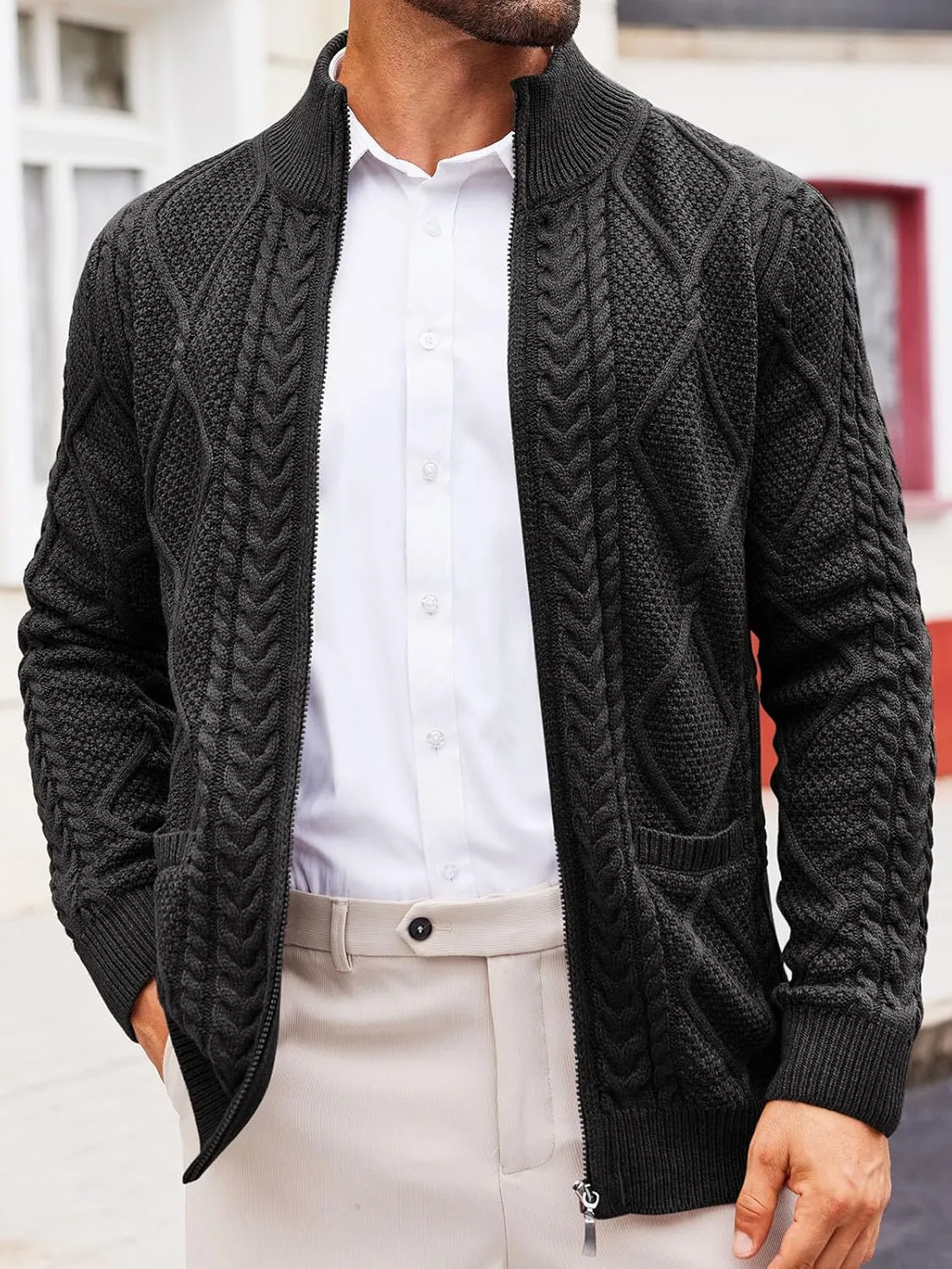 Runcati Mens Full Zip Cardigan Sweater Casual Cable Knitted Mock Neck Ribbed Winter Sweaters
