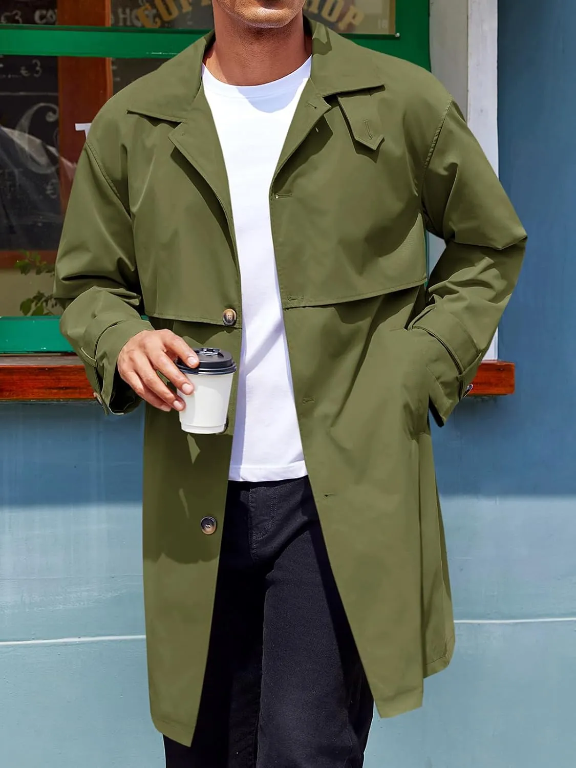 Runcati Mens Trench Coat Single Breasted Slim Fit Mid Long Jackets Casual Fall Windbreaker Overcoat