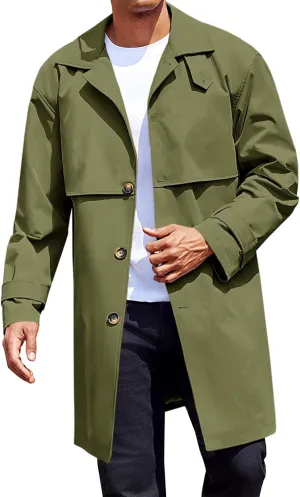 Runcati Mens Trench Coat Single Breasted Slim Fit Mid Long Jackets Casual Fall Windbreaker Overcoat