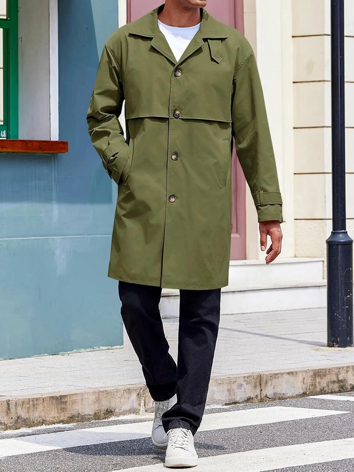Runcati Mens Trench Coat Single Breasted Slim Fit Mid Long Jackets Casual Fall Windbreaker Overcoat