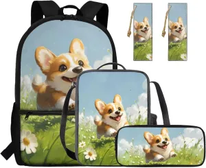 Running Corgi Toddler Backpack and Lunch Box Set Girls 4 Pieces Bookbag for Girls 4-6 Large Capacity School Bag for Primary School Travel Daypack