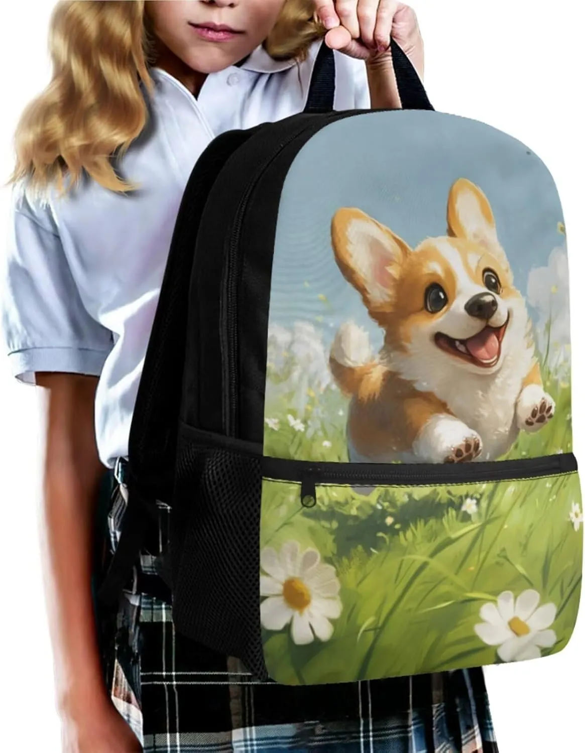Running Corgi Toddler Backpack and Lunch Box Set Girls 4 Pieces Bookbag for Girls 4-6 Large Capacity School Bag for Primary School Travel Daypack