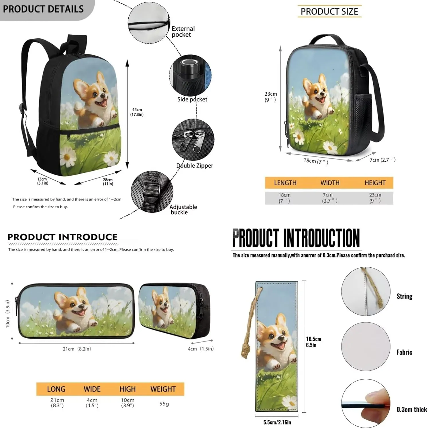 Running Corgi Toddler Backpack and Lunch Box Set Girls 4 Pieces Bookbag for Girls 4-6 Large Capacity School Bag for Primary School Travel Daypack
