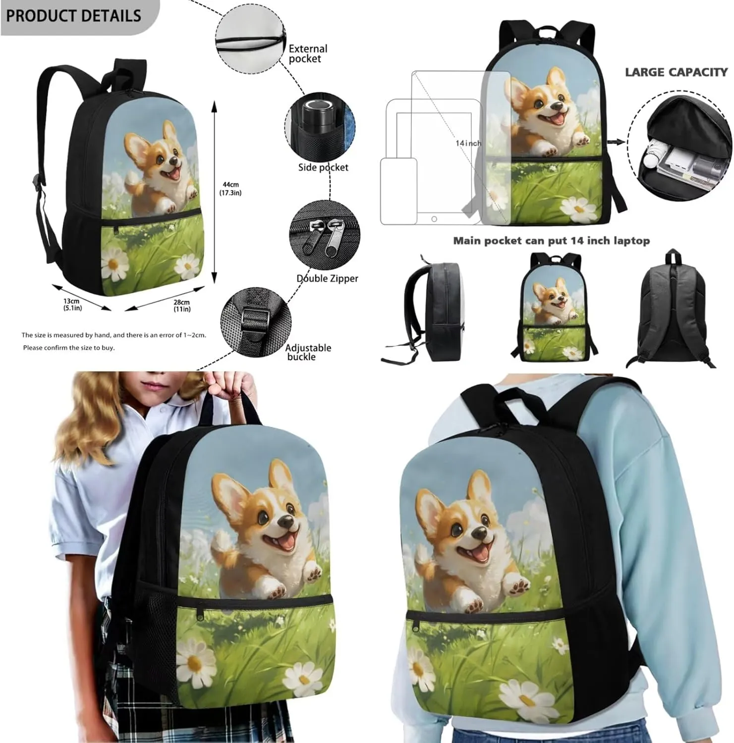 Running Corgi Toddler Backpack and Lunch Box Set Girls 4 Pieces Bookbag for Girls 4-6 Large Capacity School Bag for Primary School Travel Daypack