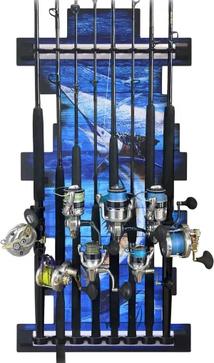 Rush Creek Creations - Guy Harvey 8 Bass Fishing Rod Holder for Garage, Wall Rack or Ceiling Mount Fishing Pole Holder, Vertical/Horizontal Wall Mounted Fishing Gear, Rod & Pole Storage Rack Organizer