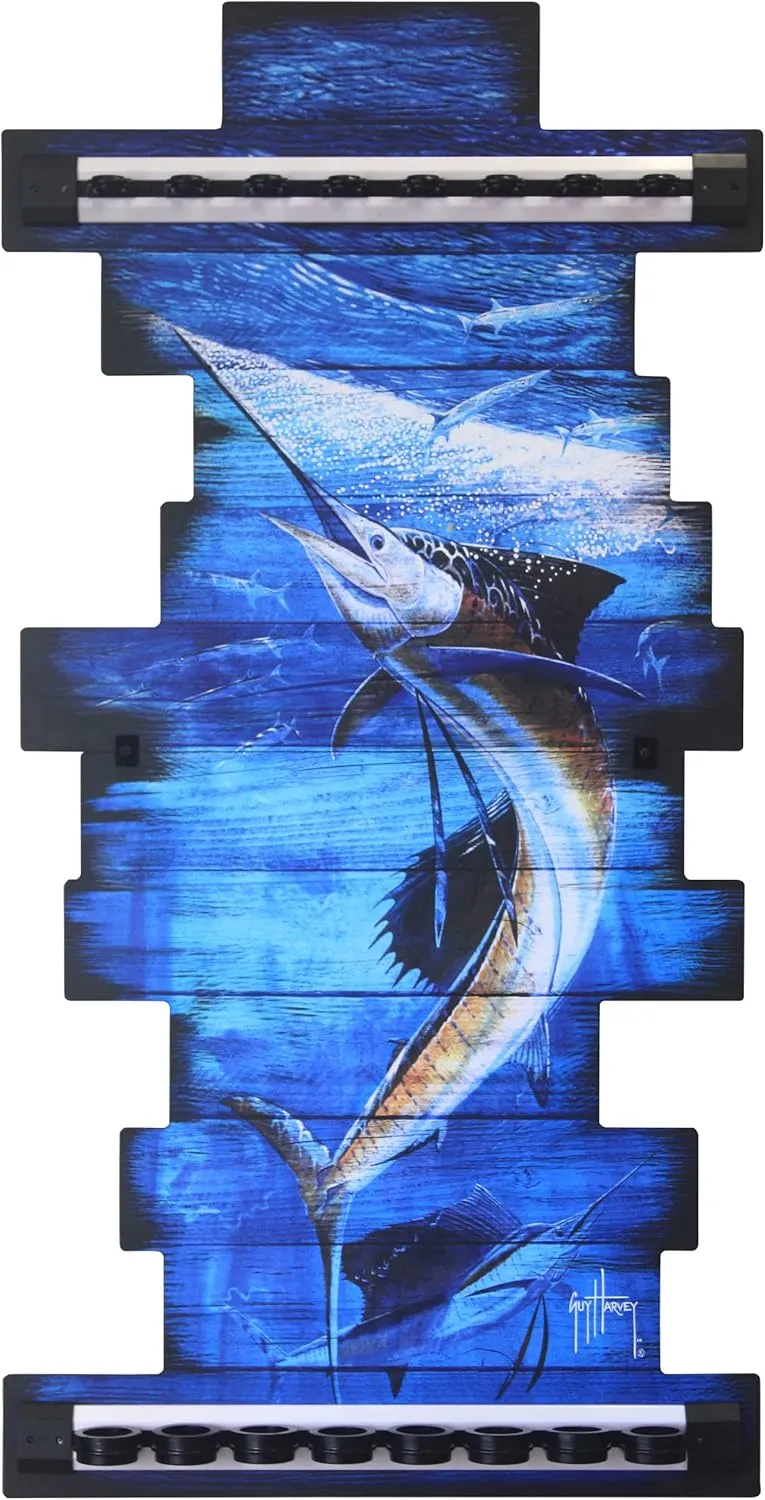 Rush Creek Creations - Guy Harvey 8 Bass Fishing Rod Holder for Garage, Wall Rack or Ceiling Mount Fishing Pole Holder, Vertical/Horizontal Wall Mounted Fishing Gear, Rod & Pole Storage Rack Organizer