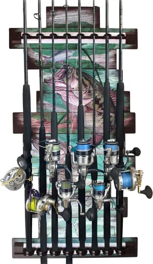 Rush Creek Creations - Guy Harvey 8 Bass Fishing Rod Holder for Garage, Wall Rack or Ceiling Mount Fishing Pole Holder, Vertical/Horizontal Wall Mounted Fishing Gear, Rod & Pole Storage Rack Organizer