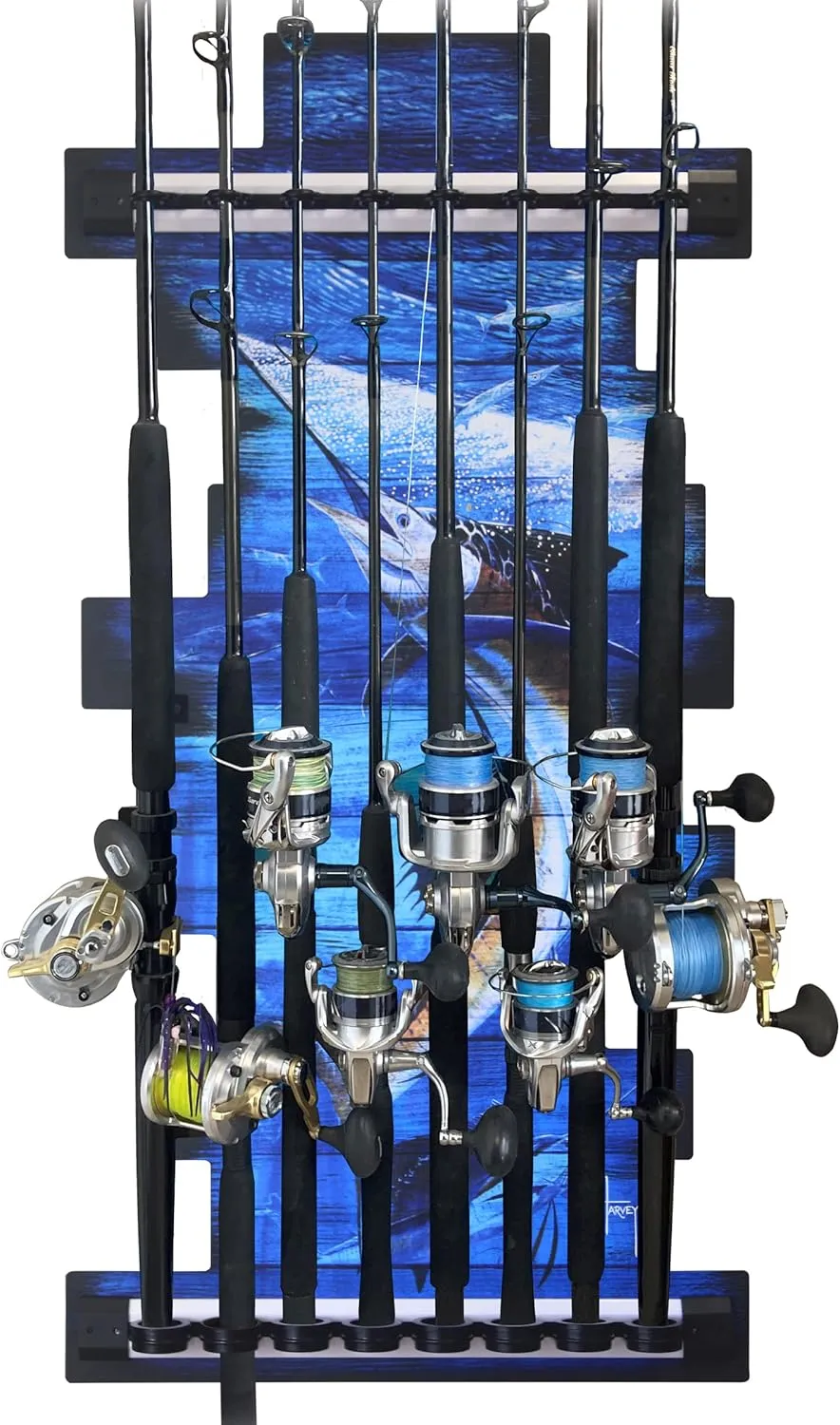 Rush Creek Creations - Guy Harvey 8 Bass Fishing Rod Holder for Garage, Wall Rack or Ceiling Mount Fishing Pole Holder, Vertical/Horizontal Wall Mounted Fishing Gear, Rod & Pole Storage Rack Organizer
