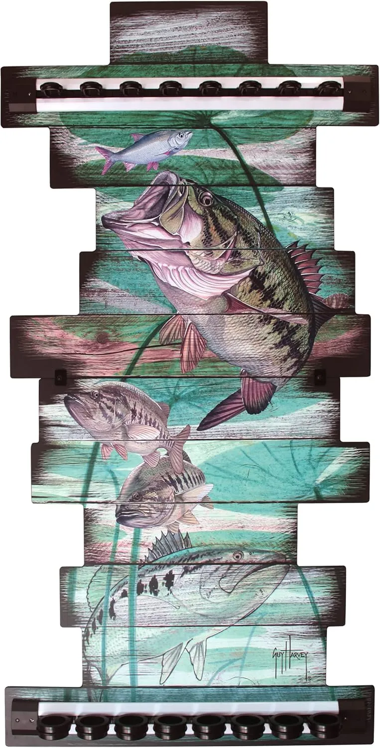 Rush Creek Creations - Guy Harvey 8 Bass Fishing Rod Holder for Garage, Wall Rack or Ceiling Mount Fishing Pole Holder, Vertical/Horizontal Wall Mounted Fishing Gear, Rod & Pole Storage Rack Organizer