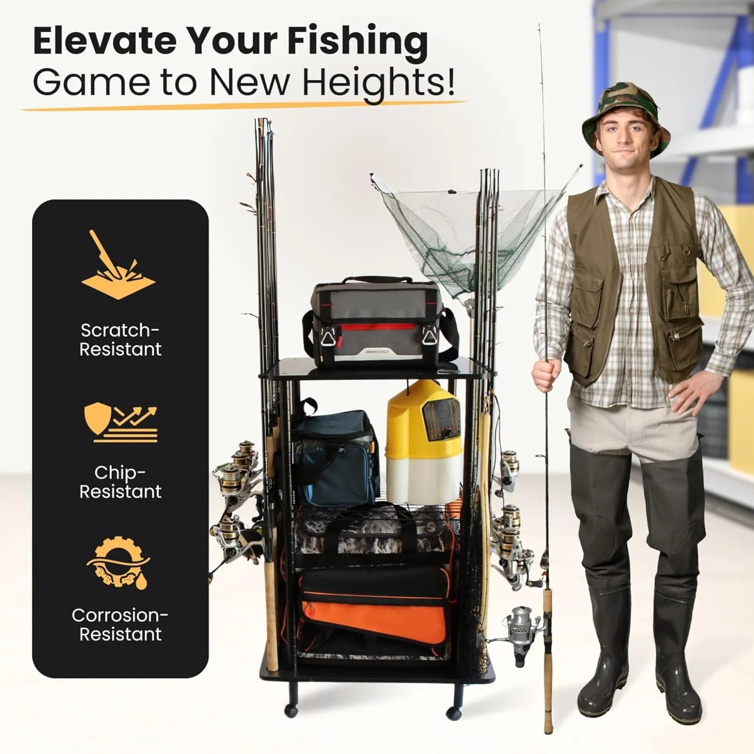 Rush Creek Creations Rod Holders for Garage Fishing Pole Rack Holds up to 12 Rods and Reel Combos - Mobile Garage or Shed Organizer car Fishing Gear Storage
