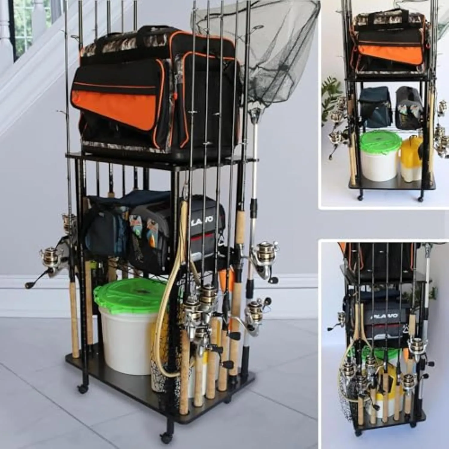 Rush Creek Creations Rod Holders for Garage Fishing Pole Rack Holds up to 12 Rods and Reel Combos - Mobile Garage or Shed Organizer car Fishing Gear Storage